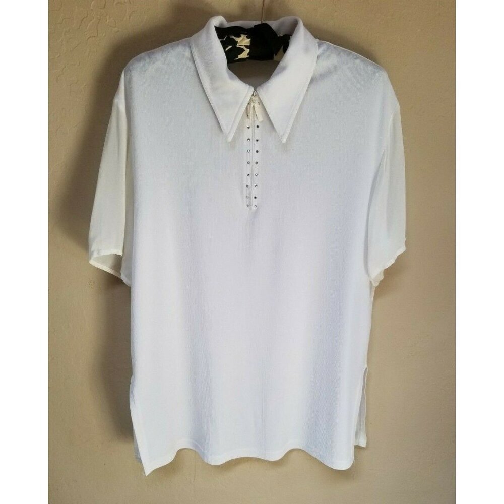 MITO Made in Italy Womens 1/4 Zip Beaded Sheer Short Sleeve Polo Shirt White